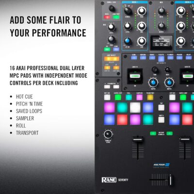RANE DJ SEVENTY – Two Channel DJ Mixer for Serato DJ with Akai Professional MPC Performance Pads Internal DJ FX and Three Contactless MAG FOUR Faders