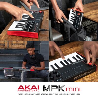 Akai Professional MPK Mini MK3 25 Key USB MIDI Keyboard Controller With 8 Backlit Drum Pads, 8 Knobs, Music Production Software and Native Instruments Sound Package (NKS Integration)