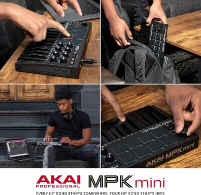 Akai Professional MPK Mini MK3 25 Key USB MIDI Keyboard Controller With 8 Backlit Drum Pads, 8 Knobs, Music Production Software and Native Instruments Sound Package (NKS Integration), Black