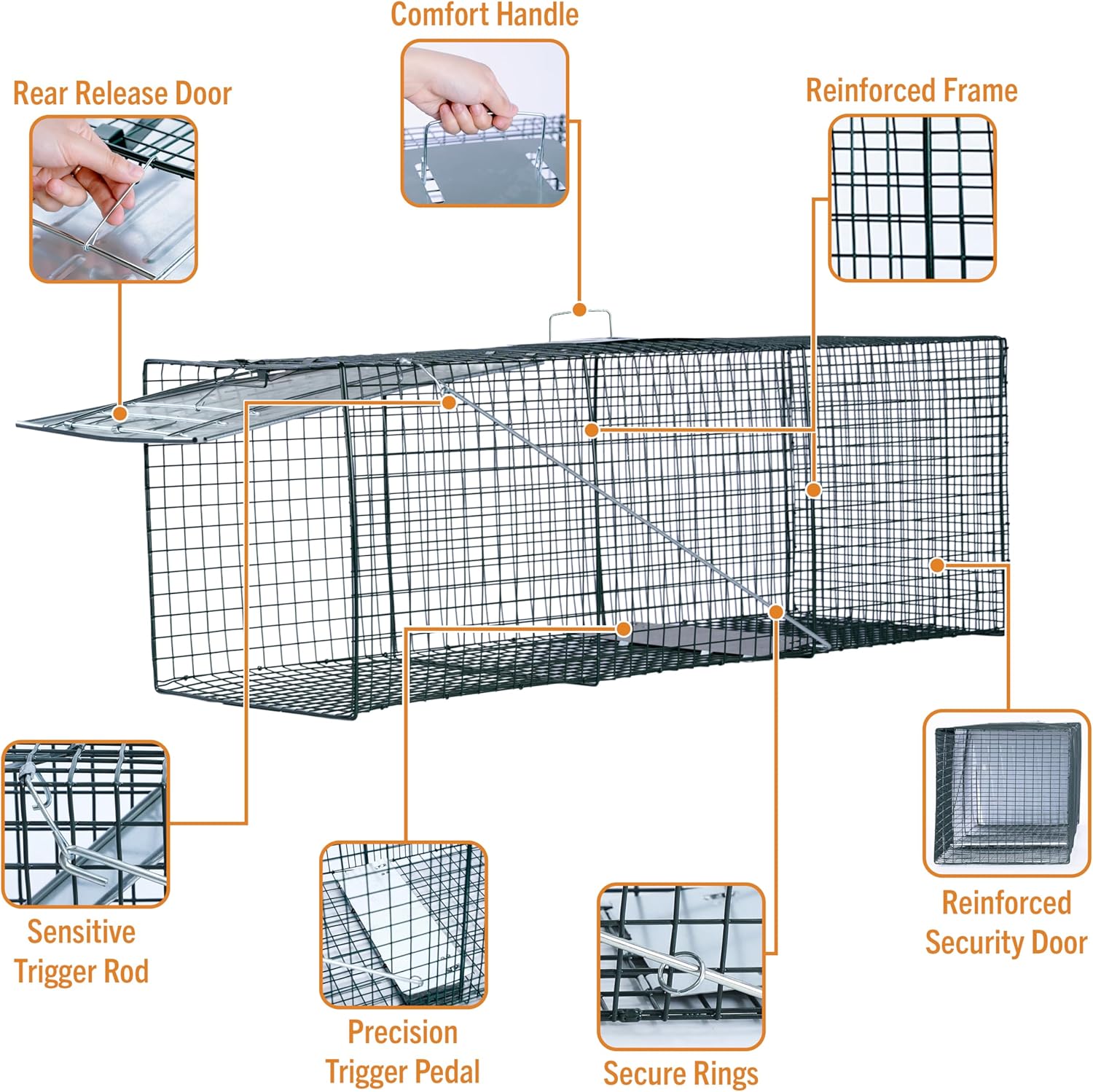 HOMESTEAD 42 Heavy Duty Live Animal Trap – Professional Quick Set Trigger, Galvanized Steel Cage, Camouflage Finish, Rust Proof Mesh, Fully Assembled | Humane Catch & Release Raccoon, Fox & Similar