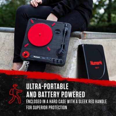 Numark PT01 Scratch | DJ Turntable for Portablists With User Replaceable Scratch Switch, Built In Speaker, Power via Battery or AC Adapter, Three Speed RPM Selection & USB Connectivity