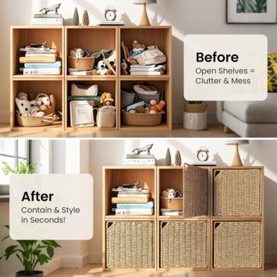91wDV0vAbjL. AC SL1500 AELS 13 Handwoven Natural Fibre Doors for Cube Storage Shelf, Set of 4, Boho Straw Shelf Cover for Bookcase & Open Bookshelf, Rustic Farmhouse Home Decor, fit IKEA Kallax Shelf, Natural (Door ONLY)