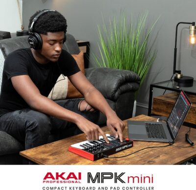 Akai Professional MPK Mini MK3 25 Key USB MIDI Keyboard Controller With 8 Backlit Drum Pads, 8 Knobs, Music Production Software and Native Instruments Sound Package (NKS Integration)