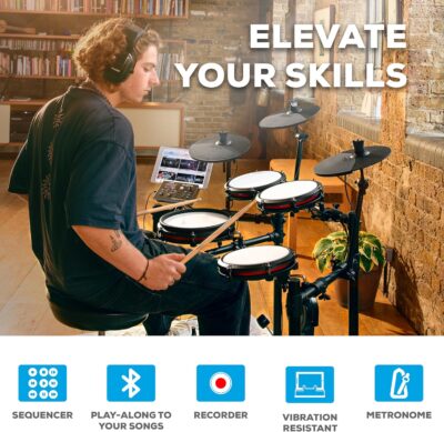 Alesis Nitro Max Kit Compact Electric Drum Kit with Quiet Mesh Pads, 10 Dual-Zone Snare, Bluetooth, 440+ BFD Sounds, Drumeo, USB MIDI, Kick Pedal