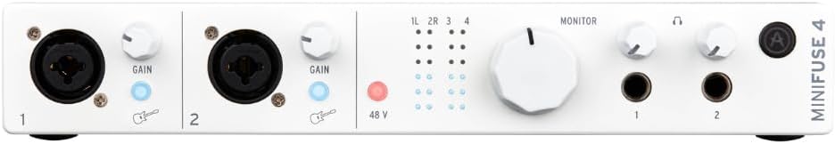 Arturia MiniFuse 4 Versatile Desktop USB-C Audio Interface, White w/ 2-Pack Pig Hog PHM10 8mm XLR Microphone Cable and Liquid Audio Polishing Cloth