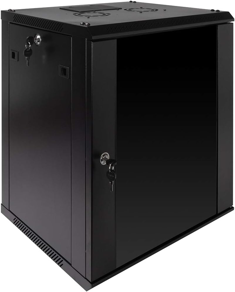 NavePoint 12U Server Rack Enclosure with Glass Door, Cooling Fan, Locks, & Removable Side Panels – 12U Wall Mount Network Cabinet 19 Inch Rack 17.7 Deep (450mm)