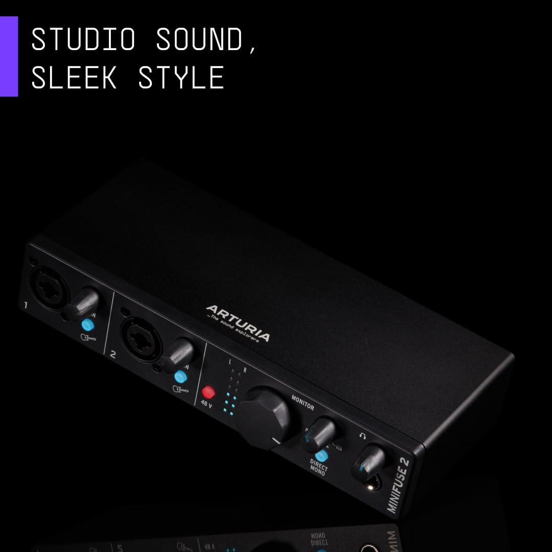Arturia – MiniFuse 2 – Compact USB Audio & MIDI Interface with Creative Software for Recording, Production, Podcasting, Guitar – Black