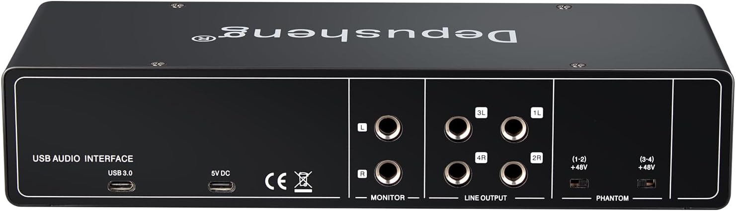 Depusheng USB Audio Interface with ASIO Drivers, 24Bit 192Khz, Phantom Power +48v, Low Latency for Home Studio Recording, PC/MAC Compatible (4 CHANNEL)
