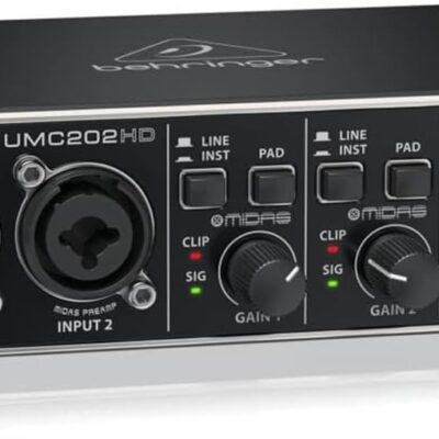 Behringer UMC202HD Audiophile 2×2, 24-Bit/192 kHz USB Audio Interface with Midas Mic Preamplifiers | For Recording Microphones and Instruments