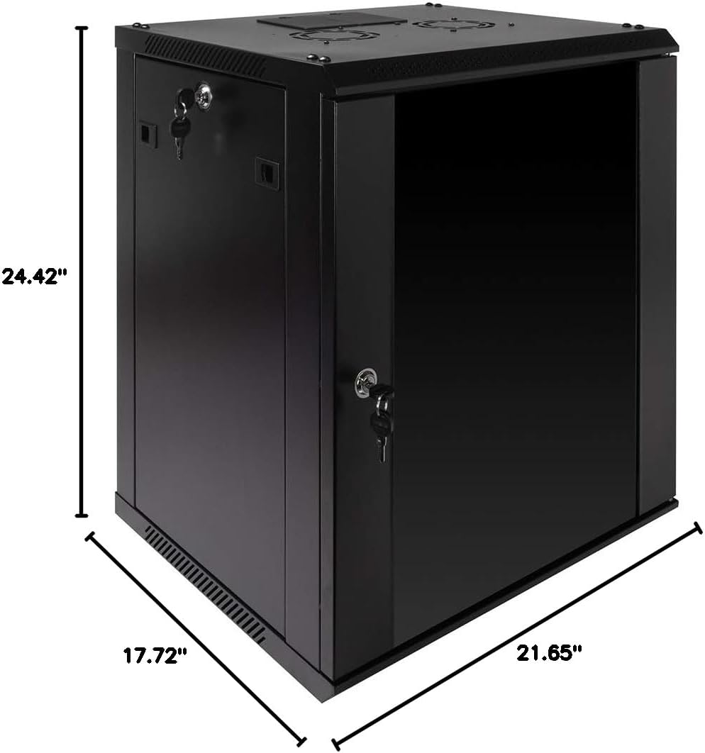 NavePoint 12U Server Rack Enclosure with Glass Door, Cooling Fan, Locks, & Removable Side Panels – 12U Wall Mount Network Cabinet 19 Inch Rack 17.7 Deep (450mm)