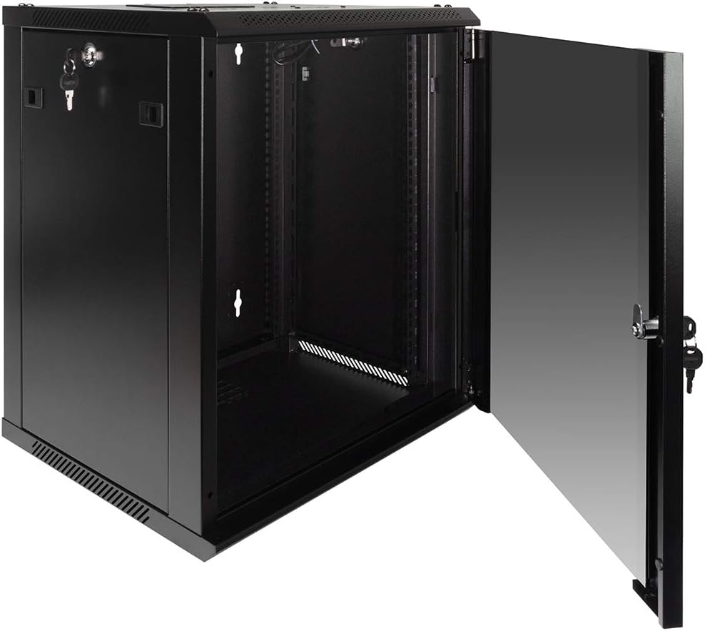 NavePoint 12U Server Rack Enclosure with Glass Door, Cooling Fan, Locks, & Removable Side Panels – 12U Wall Mount Network Cabinet 19 Inch Rack 17.7 Deep (450mm)