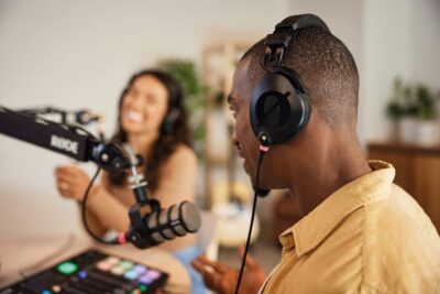 Rode PodMic Dynamic Podcasting Microphones (Pair) with 2X PSA1+ Professional Studio Boom Arms, NTH-100 Professional Closed Back Over Ear Headphones, XLR Cables and StreamEye Polishing Cloth