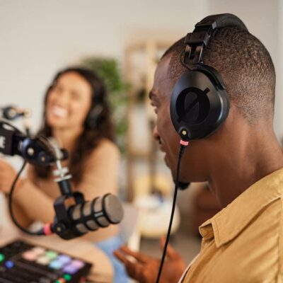 Rode PodMic Dynamic Podcasting Microphones (Pair) with 2X PSA1+ Professional Studio Boom Arms, NTH-100 Professional Closed Back Over Ear Headphones, XLR Cables and StreamEye Polishing Cloth