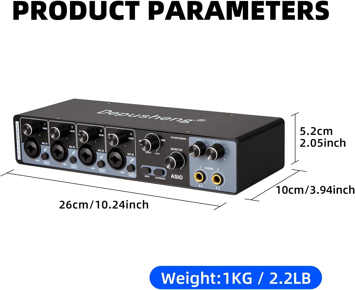 Depusheng USB Audio Interface with ASIO Drivers, 24Bit 192Khz, Phantom Power +48v, Low Latency for Home Studio Recording, PC/MAC Compatible (4 CHANNEL)