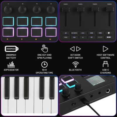 616l9KypC5L. AC SL1280 1781379542 9059 M-VAVE 37 Key USB MIDI Keyboard Controller With 16 Backlit Drum Pads, Bluetooth Semi Weighted Professional dynamic keybed 8 Knobs and Music Production,Software Included (37 Key Black)