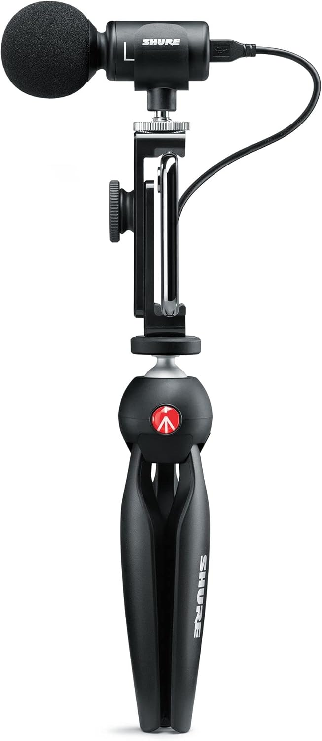 Shure MV88+ Video Kit Digital Stereo Condenser Microphone for iPhone, Android, Mac & PC – Portable Recording Mic with DSP Controls, Headphone Monitoring & Tripod, Black