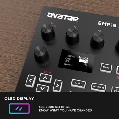 EMP16 MIDI Pad Controller Beat Maker Machine With Bluetooth, 16 RGB Velocity Sensitive Beat Pads, 16 Level, Full/Half Level, OLED Display, MIDI In/Out