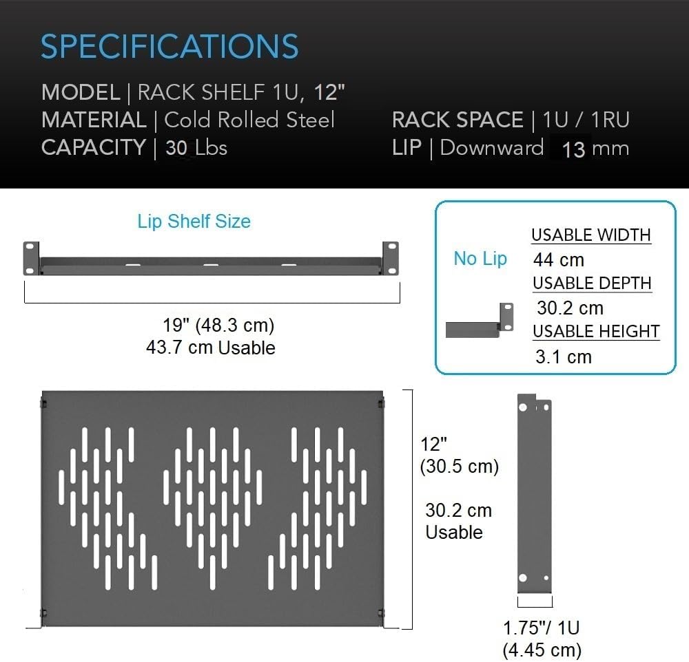 Beiyier 1U Server Rack Shelf, Suitable for 19 Network Equipment Racks and Cabinets, Ventilated Cantilever Tray, Depth of 12 inches, Well-Ventilated (1PCS, Black)