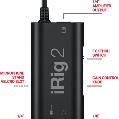 IK Multimedia iRig 2 portable guitar audio interface, lightweight audio adapter for iPhone and iPad with instrument input and headphone/amplfier outs