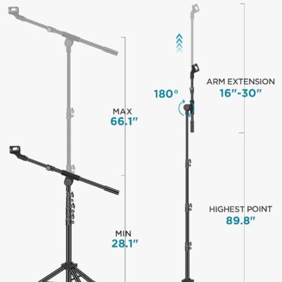 InnoGear Microphone Stand, Tripod Boom Arm Floor Mic Stand Height Adjustable Heavy Duty with Carrying Bag 2 Mic Clips 3/8 to 5/8 Adapter for Singing Podcast for Blue Yeti Shure SM58 SM48 Samson Q2U