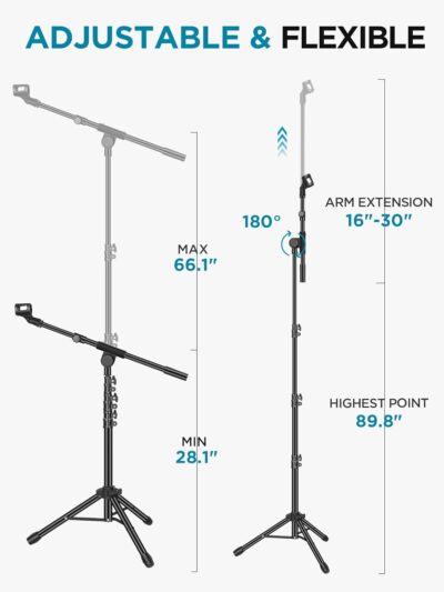 InnoGear Microphone Stand, Tripod Boom Arm Floor Mic Stand Height Adjustable Heavy Duty with Carrying Bag 2 Mic Clips 3/8 to 5/8 Adapter for Singing Podcast for Blue Yeti Shure SM58 SM48 Samson Q2U