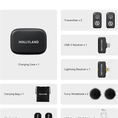 Hollyland Lark A1 Wireless Mini Microphone for iPhone & Android, 48kHz/24-bit, 3-Level Intelligent Noise Cancel, Microphone for YouTube, Podcast, Vlogging (Black, 2TX + 2RX + Charging Case)