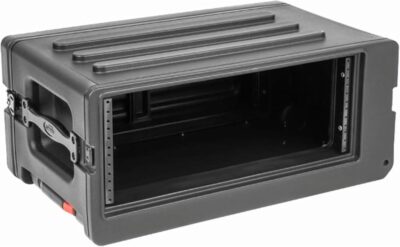 SKB 4U rSeries Shallow Rolling Rack with Integrated Back Wheels and 1-Touch Pull Handle, Comes with 8 Rack Units and Interlocking Molded Stacking Bars