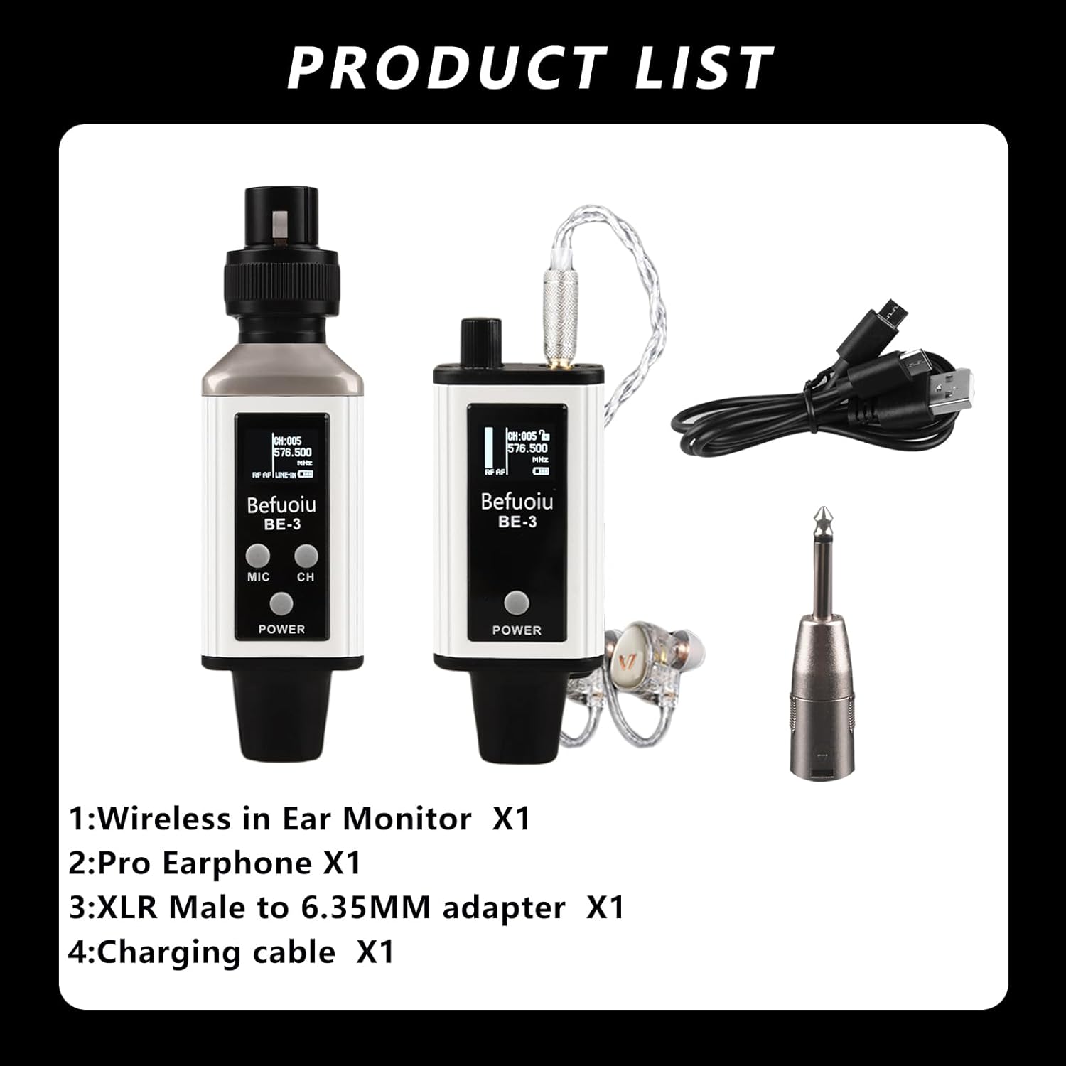 UHF Wireless In Ear Monitor System with Pro Earphone, Metal Wireless IEM System, 16 Adjustable Channel, Portable Rechargeable Transmitter and bodypack Receiver for Studio, Band, Live Performance