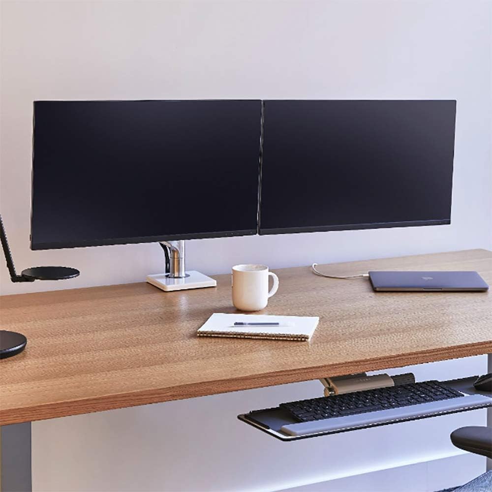 Humanscale M8.1 Monitor Arm with Crossbar | Single or Dual Monitor | 2 Piece Clamp Mount Base | Angled Link/Dynamic Link | Standard Black Vesa Bracket 100mm x 100mm (Polished Aluminum with White Trim)