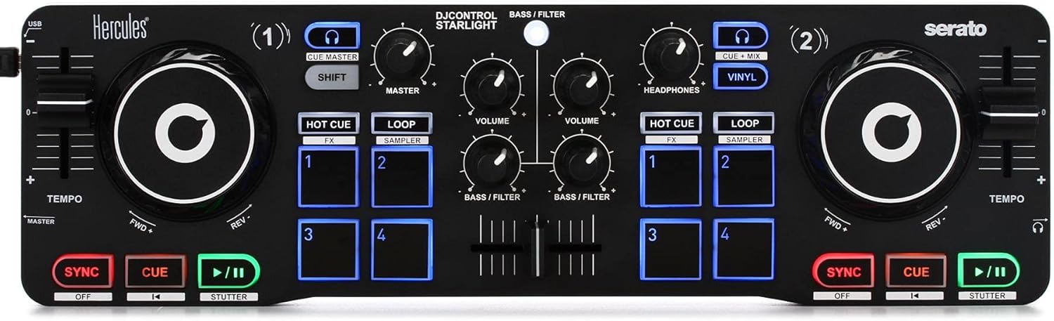 Hercules DJControl Starlight Portable 2-Channel DJ Controller with USB-C to USB-A Adapter – Compact and Lightweight DJ Controller for Beginners and Pros, Perfect for Mixing and Scratching