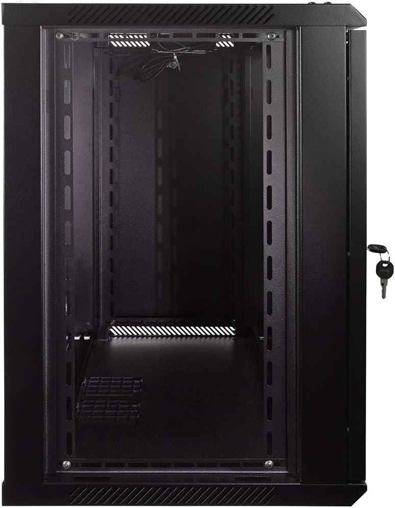 NavePoint 12U Server Rack Enclosure with Glass Door, Cooling Fan, Locks, & Removable Side Panels – 12U Wall Mount Network Cabinet 19 Inch Rack 17.7 Deep (450mm)