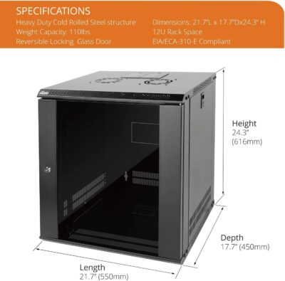 Tecmojo 12U Wall Mount Server Cabinet IT Network Rack Enclosure Lockable Door and Side Panels Black,Cooling Fan,Glass Door,17.7inch Depth,for 19 IT Equipment,A/V Devices