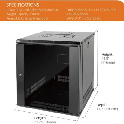 Tecmojo 12U Wall Mount Server Cabinet IT Network Rack Enclosure Lockable Door and Side Panels Black,Cooling Fan,Glass Door,17.7inch Depth,for 19 IT Equipment,A/V Devices