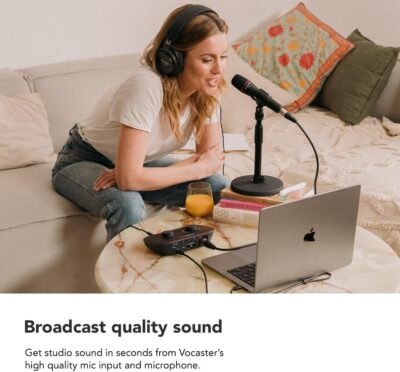 Focusrite Vocaster One Studio – Podcasting Interface for Solo Podcast Recording with Professional Quality Vocaster DM1 Dynamic Microphone & HP60v Headphones. 1 Mic Input & Headphone Output