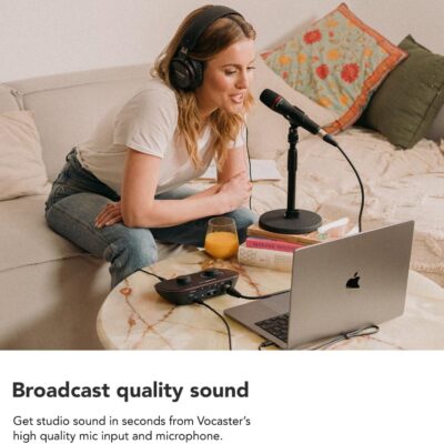 Focusrite Vocaster One Studio – Podcasting Interface for Solo Podcast Recording with Professional Quality Vocaster DM1 Dynamic Microphone & HP60v Headphones. 1 Mic Input & Headphone Output