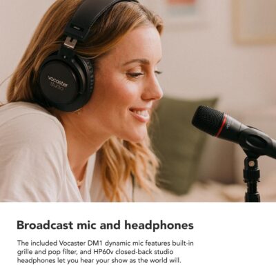 Focusrite Vocaster One Studio – Podcasting Interface for Solo Podcast Recording with Professional Quality Vocaster DM1 Dynamic Microphone & HP60v Headphones. 1 Mic Input & Headphone Output