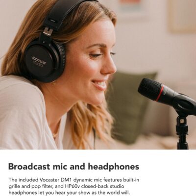 Focusrite Vocaster One Studio – Podcasting Interface for Solo Podcast Recording with Professional Quality Vocaster DM1 Dynamic Microphone & HP60v Headphones. 1 Mic Input & Headphone Output