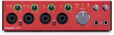 Focusrite Clarett Plus 4Pre 18-In and 8-Out Audio Interface Bundle with Headphones, 25-Feet XLR Microphone Cable (4-Pack), and TRS Cable (2-Pack) (8 Items)
