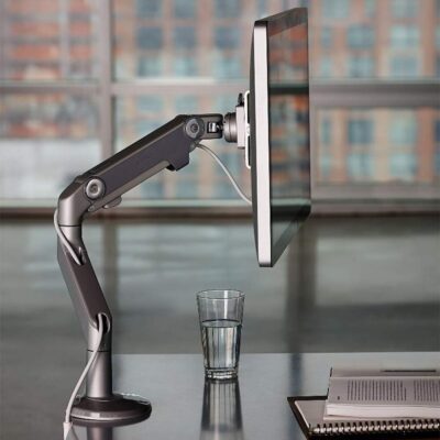 61b4HUYzSlL. AC SL1013 Humanscale M8 Adjustable Articulating Computer Monitor Arm – Both Mounts Clamp and Bolt Through Mount with Base – Silver with Gray Trim