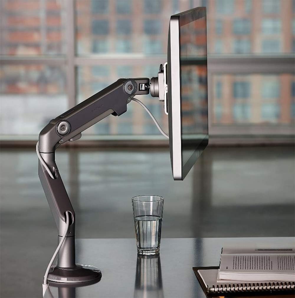 Humanscale M8 Adjustable Articulating Computer Monitor Arm – Both Mounts Clamp and Bolt Through Mount with Base – Silver with Gray Trim