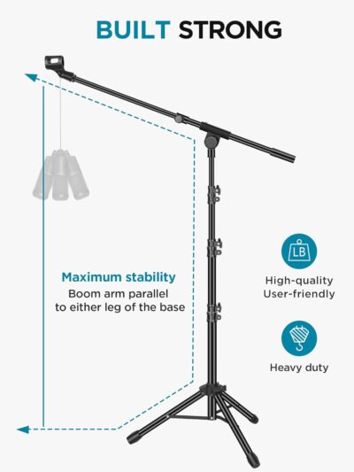 InnoGear Microphone Stand, Tripod Boom Arm Floor Mic Stand Height Adjustable Heavy Duty with Carrying Bag 2 Mic Clips 3/8 to 5/8 Adapter for Singing Podcast for Blue Yeti Shure SM58 SM48 Samson Q2U