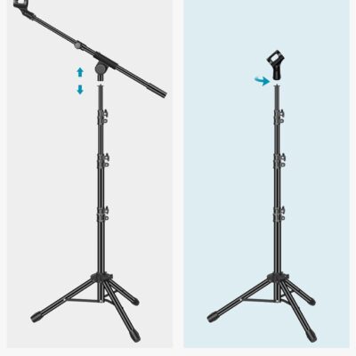 InnoGear Microphone Stand, Tripod Boom Arm Floor Mic Stand Height Adjustable Heavy Duty with Carrying Bag 2 Mic Clips 3/8 to 5/8 Adapter for Singing Podcast for Blue Yeti Shure SM58 SM48 Samson Q2U