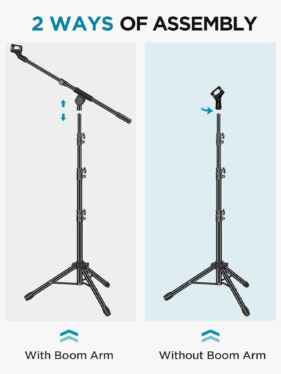 InnoGear Microphone Stand, Tripod Boom Arm Floor Mic Stand Height Adjustable Heavy Duty with Carrying Bag 2 Mic Clips 3/8 to 5/8 Adapter for Singing Podcast for Blue Yeti Shure SM58 SM48 Samson Q2U