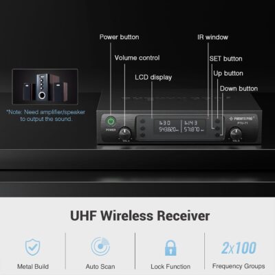 Phenyx Pro Wireless Microphone System, Dual Wireless Mics,w/ 2 Handhelds, Auto Scan,2×100 UHF Frequencies,328ft Range,Dynamic Microphone for Singing, Karaoke, Church(PTU-71-2H)