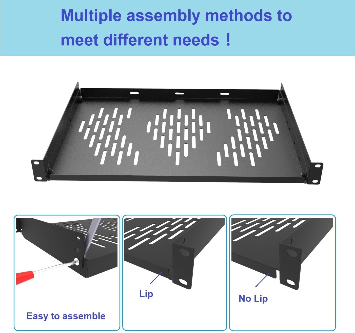 Beiyier 1U Server Rack Shelf, Suitable for 19 Network Equipment Racks and Cabinets, Ventilated Cantilever Tray, Depth of 12 inches, Well-Ventilated (1PCS, Black)
