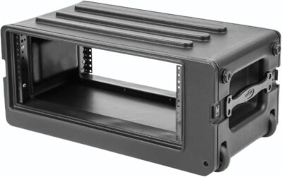SKB 4U rSeries Shallow Rolling Rack with Integrated Back Wheels and 1-Touch Pull Handle, Comes with 8 Rack Units and Interlocking Molded Stacking Bars