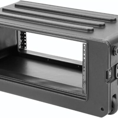 SKB 4U rSeries Shallow Rolling Rack with Integrated Back Wheels and 1-Touch Pull Handle, Comes with 8 Rack Units and Interlocking Molded Stacking Bars