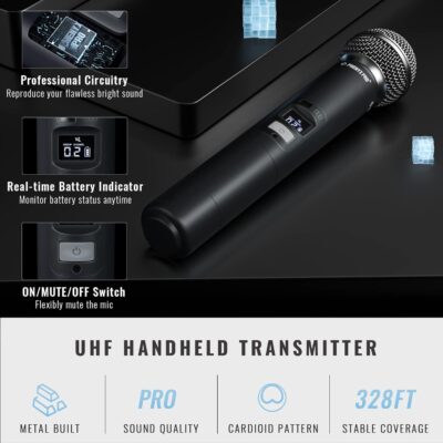 711z6EVv99L. AC SL1500 Phenyx Pro Wireless Microphone System, Quad Channel Wireless Mic, w/ 4×40 UHF Frequencies, Auto Scan, 328ft Long Range, 4 Handheld Dynamic Microphone for Singing, Church, Karaoke (PTU-7000-4H)