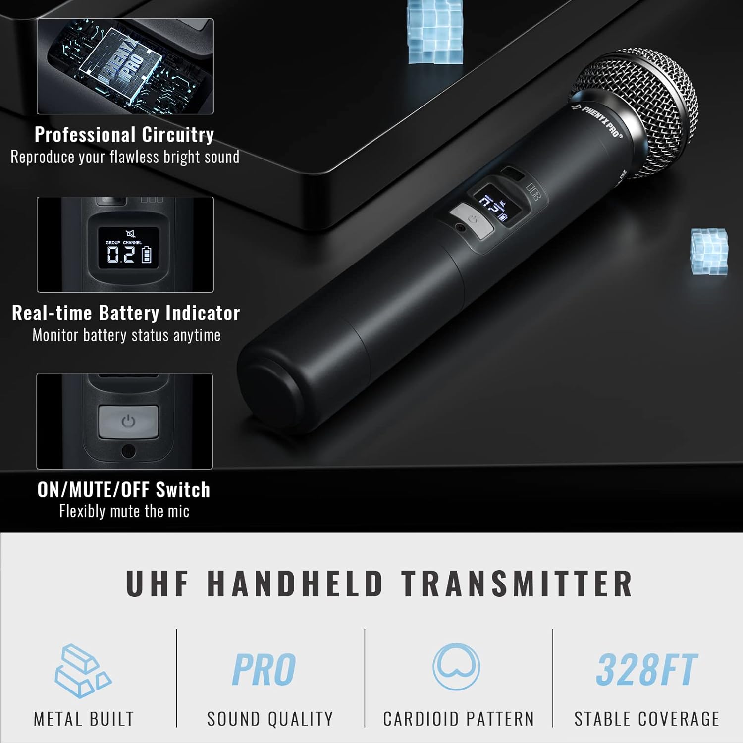 Phenyx Pro Wireless Microphone System, Quad Channel Wireless Mic, w/ 4×40 UHF Frequencies, Auto Scan, 328ft Long Range, 4 Handheld Dynamic Microphone for Singing, Church, Karaoke (PTU-7000-4H)