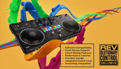Pioneer DDJ-REV5 4-Deck DJ Controller – Black Bundle with Laptop Stand, Headphones, and Austin Bazaar Polishing Cloth